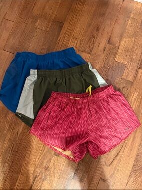 oiselle Triple-Pack Athletic Shorts in Pink, Olive, and Blue